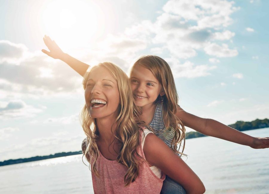 Laugh,,Mother,And,Child,On,Beach,With,Airplane,,Smile,And